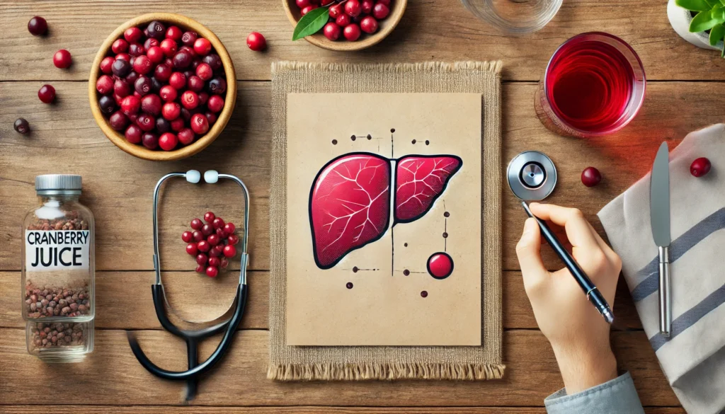 A top-down view of a wooden table featuring a health-conscious setup: a fresh glass of cranberry juice, a bowl of cranberries, and a medical stethoscope next to a liver illustration, symbolizing the connection between cranberry juice and liver health