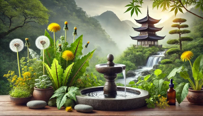 A tranquil Chinese herbal garden featuring medicinal plants like dandelion, milk thistle, and Chinese skullcap, traditionally used for liver detoxification. A stone water fountain flows gently, symbolizing smooth liver energy flow, while a traditional Chinese pagoda stands among misty mountains in the background, embodying harmony and wellness