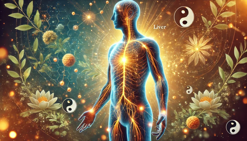 How Traditional Chinese Medicine Views the Liver: Key Insights for Detoxification and Wellness 1 A conceptual Traditional Chinese Medicine (TCM) visualization of the liver’s energy meridians. A glowing energy pathway flows through a human silhouette, with golden light highlighting liver meridian points. Surrounding the figure, floating Chinese medicinal herbs and acupuncture needles symbolize balance, while a subtle yin-yang symbol in the background represents holistic wellness