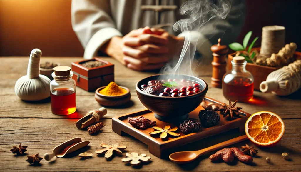 How Traditional Chinese Medicine Views the Liver: Key Insights for Detoxification and Wellness 2 A Traditional Chinese Medicine healing scene centered on liver detoxification. A steaming bowl of herbal soup with schisandra berries, turmeric, and angelica root sits on a wooden tray, symbolizing nourishment. Nearby, an incense burner releases purifying smoke, while in the softly lit background, a TCM practitioner’s hands perform acupressure on a patient’s liver meridian points