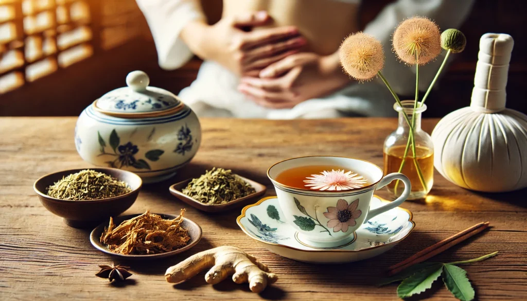 How Traditional Chinese Medicine Views the Liver: Key Insights for Detoxification and Wellness 3 A tranquil Traditional Chinese Medicine healing setting for liver detoxification. A porcelain teacup filled with herbal liver-cleansing tea made from dandelion root, ginger, and chrysanthemum sits on a wooden table. Next to it, a dish holds dried medicinal herbs. In the background, a TCM practitioner applies a warm herbal compress to a patient’s abdominal area, promoting liver care and energy balance