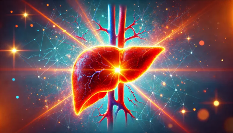 Conceptual illustration of a human liver regenerating, transitioning from a damaged to a healthy state, surrounded by soft radiant lights symbolizing recovery and wellness