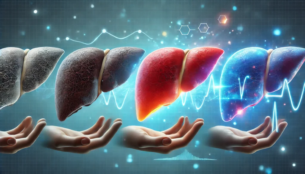 Liver Healing & Recovery: How Long Does the Liver Take to Regenerate and Reverse Damage? 1 3D medical rendering of a human liver transitioning from an unhealthy state to a vibrant, healthy organ, with a soft blue gradient background and glowing energy waves symbolizing recovery
