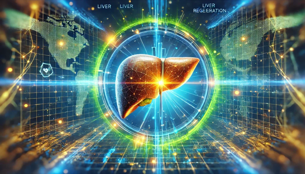 Liver Healing & Recovery: How Long Does the Liver Take to Regenerate and Reverse Damage? 2 Futuristic digital visualization of liver regeneration, featuring a holographic projection of a healing liver surrounded by glowing digital lines in a high-tech scientific environment