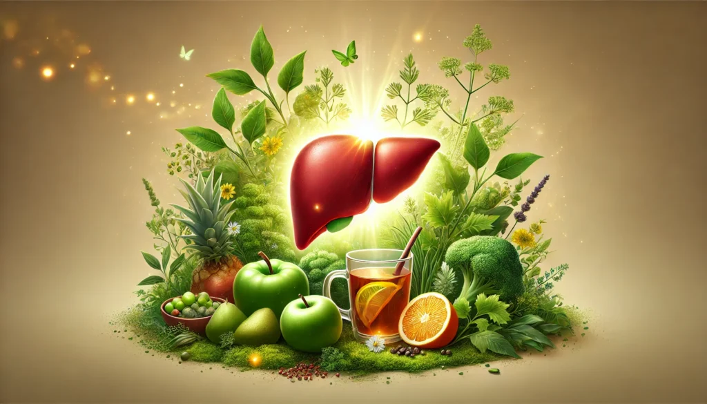 Liver Healing & Recovery: How Long Does the Liver Take to Regenerate and Reverse Damage? 3 Naturalistic depiction of liver healing with a glowing healthy liver placed among green herbs, fresh fruits, and detoxifying herbal tea, symbolizing natural recovery and well-being