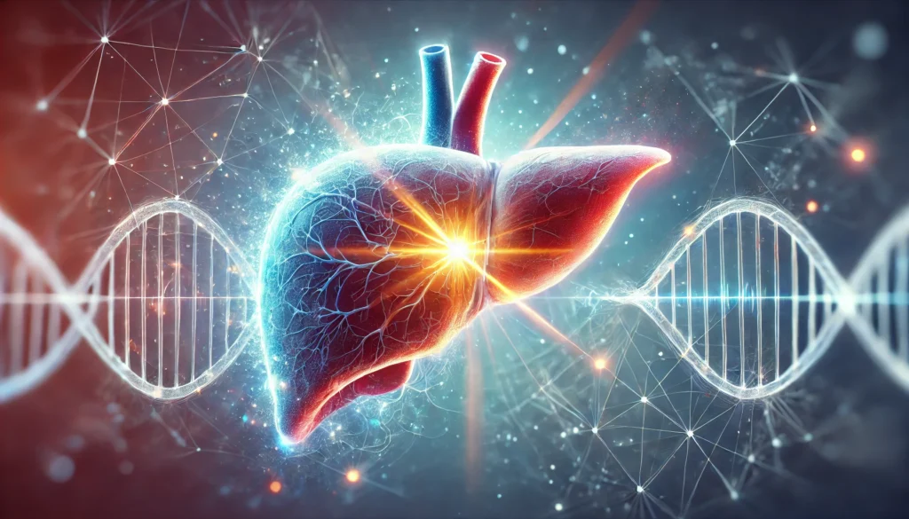 Can the Liver Recover from Acetaminophen Damage? What Science Says About Healing and Prevention 2 A surreal depiction of liver damage and healing, showing a liver divided into two halves—one side inflamed and scarred, while the other is glowing and healthy. Surrounding the liver are molecular and cellular structures representing scientific research and medical advancements in liver regeneration