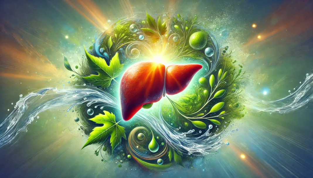 An artistic conceptual image of liver detoxification and recovery, showing a vibrant, healthy liver surrounded by swirling water, green leaves, and soft light rays. These natural elements symbolize cleansing, renewal, and the body's ability to heal from acetaminophen damage, set against a soothing green and blue background