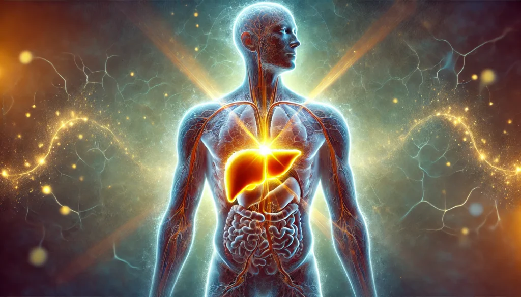 Do You Need a Liver to Survive? Understanding Its Vital Role in Detoxification & Wellness 2 A surreal digital illustration of a human body with a glowing liver, illuminated in golden light to highlight its detoxification role. The background features an abstract representation of the bloodstream, symbolizing health and wellness