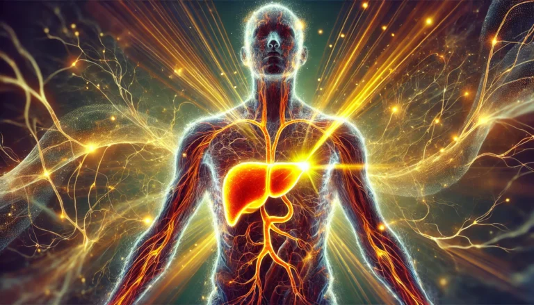A surreal digital illustration of a human figure with a glowing liver, radiating golden energy to highlight its detoxification function. The liver is the focal point, emitting warmth and vitality, while the background features an abstract blend of the bloodstream and vital organs, symbolizing health and purification