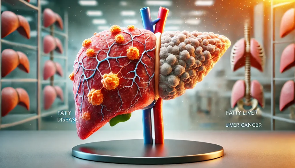 Can Fatty Liver Lead to Liver Cancer? Understanding the Risks, Symptoms, and Prevention Strategies 3 A detailed 3D rendering of a human liver progressing from fatty liver disease to liver cancer, with visible fibrosis, scar tissue, and nodules forming. The contrast between healthy and cancerous liver sections is highlighted through color and texture, set against a soft medical-glow clinical background