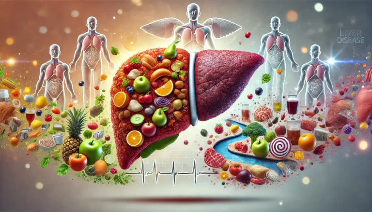 A visually striking split-screen image showing a healthy liver on one side with fresh fruits, vegetables, and an active lifestyle, while the other side depicts a diseased, fatty, and cancerous liver surrounded by unhealthy food choices. The background has a soft medical glow, emphasizing the importance of prevention