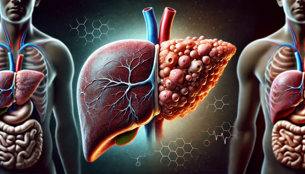 Can Fatty Liver Lead to Liver Cancer? Understanding the Risks, Symptoms, and Prevention Strategies 1 An artistic medical concept of a human liver, half appearing healthy and the other half diseased with fatty deposits and cancerous growths. The gradual transition between the two sides visually represents the progression from a normal liver to severe liver disease, set against a dark medical-themed background.