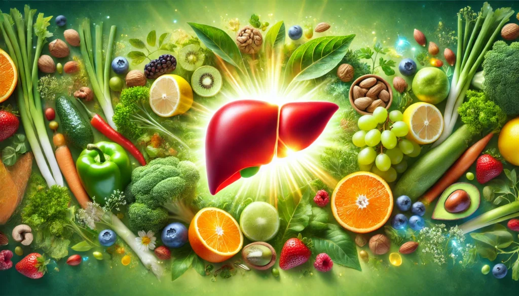Best Vitamins for Liver Repair: How to Support Detoxification and Restore Liver Health 1 A glowing, healthy human liver surrounded by nutrient-rich foods like leafy greens, berries, nuts, and citrus fruits, symbolizing detoxification and liver repair. The background features a soft green hue representing vitality and natural healing