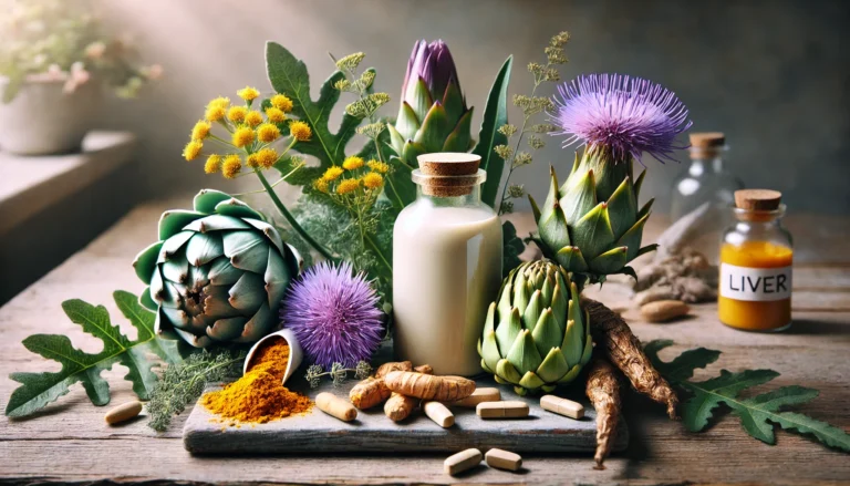A natural arrangement of detoxifying herbs and supplements for liver health, including milk thistle, turmeric, dandelion root, and artichoke, displayed on a wooden surface with soft, natural lighting