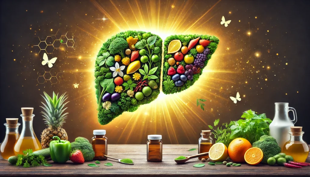 Best Vitamins for Liver Repair: How to Support Detoxification and Restore Liver Health 2 A conceptual wellness-themed image featuring a liver icon creatively formed with fresh vegetables, fruits, and herbal supplements. The background radiates a golden glow, symbolizing vitality, healing, and liver detoxification