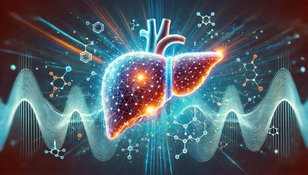 Best Vitamins for Liver Repair: How to Support Detoxification and Restore Liver Health 3 A futuristic medical-style visualization of liver regeneration and detoxification, featuring a glowing liver with a digital biotech-inspired overlay, surrounded by flowing energy waves and molecular structures representing vitamins and antioxidants