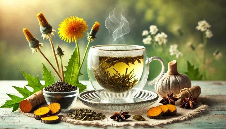 A steaming cup of herbal tea in an elegant glass cup, surrounded by fresh ingredients known for liver detox, including dandelion root, milk thistle seeds, turmeric slices, and green tea leaves. The background features a softly lit natural setting with a calming ambiance