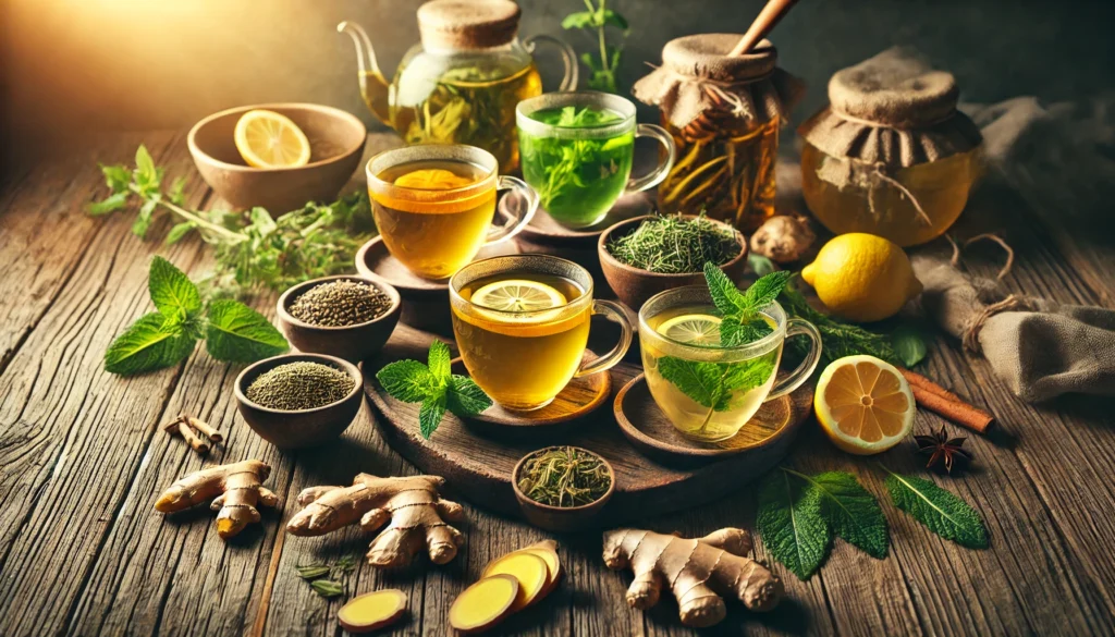 The Best Tea for Liver Health: Top Picks for Detox, Repair, and Fatty Liver Support 1 A rustic wooden table displaying multiple cups of herbal teas beneficial for liver health, including golden turmeric tea, green tea, chamomile tea, and dandelion root tea. Fresh ingredients like sliced ginger, lemon, and fresh mint leaves are scattered around, creating a warm and organic wellness scene