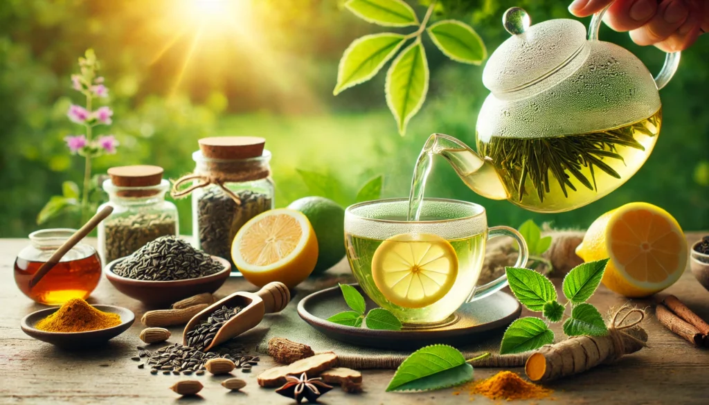 The Best Tea for Liver Health: Top Picks for Detox, Repair, and Fatty Liver Support 2 A glass teapot pouring hot green tea into a ceramic cup, surrounded by liver-supporting ingredients like milk thistle seeds, licorice root, turmeric slices, and lemon wedges. The background features soft-focus greenery with warm sunlight filtering through leaves, creating a tranquil and detoxifying ambiance