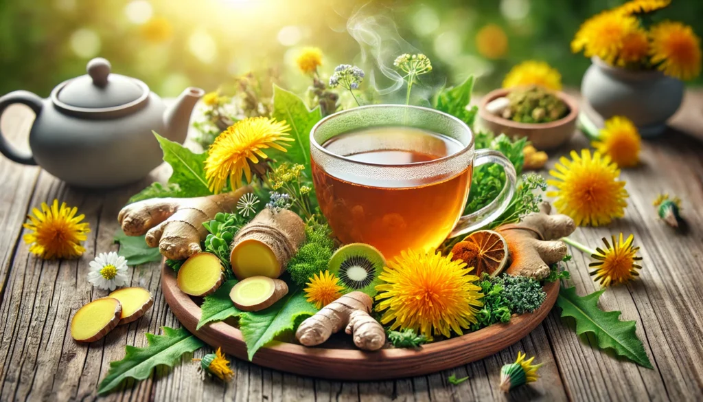 The Best Tea for Liver Health: Top Picks for Detox, Repair, and Fatty Liver Support 3 A steaming cup of herbal tea on a wooden tray, surrounded by vibrant detoxifying ingredients like dandelion flowers, ginger slices, turmeric roots, and fresh green tea leaves. The soft, blurred background with natural light enhances the soothing and healing atmosphere