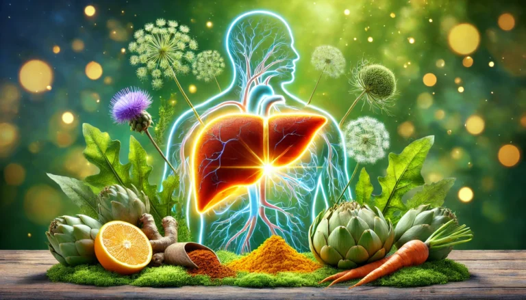 A glowing, anatomically accurate human liver surrounded by natural healing ingredients such as milk thistle, turmeric, dandelion root, and artichoke. The background features a lush green environment, symbolizing detoxification, vitality, and liver wellness