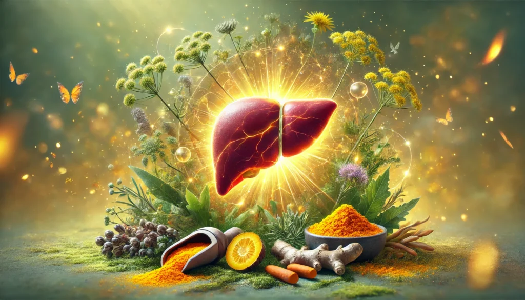 The Best Liver Supplements to Restore and Maintain Healthy Liver Function 1 A healthy liver encased in a radiant golden aura, symbolizing optimal liver function. Surrounded by organic supplements like milk thistle, turmeric, and dandelion root, floating in a serene natural environment with earthy greens and golden hues, representing detoxification and rejuvenation