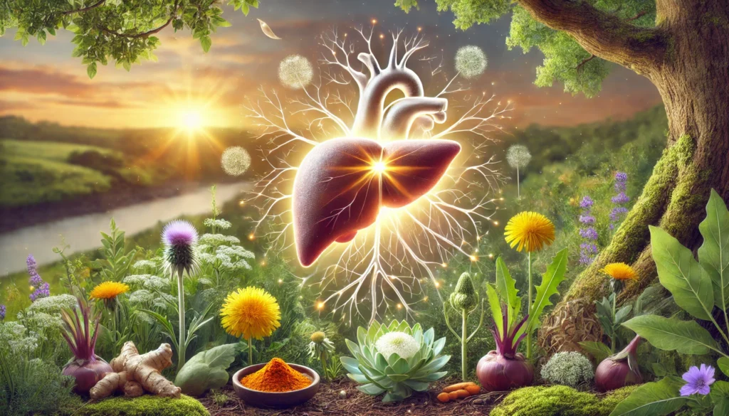 The Best Liver Supplements to Restore and Maintain Healthy Liver Function 2 A serene and holistic depiction of a strong, radiant human liver surrounded by a lush herbal garden with milk thistle, turmeric, artichoke, and dandelion root. A gentle light emanates from the liver, symbolizing detoxification and vitality. The background features a warm sunrise over a peaceful natural landscape, evoking renewal and wellness