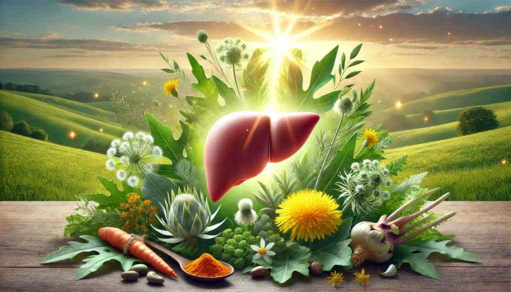 The Best Liver Supplements to Restore and Maintain Healthy Liver Function 3 A peaceful and natural depiction of a glowing, healthy liver surrounded by lush green herbs such as milk thistle, turmeric, dandelion root, and artichoke. Soft golden sunlight filters through the leaves, symbolizing detoxification, vitality, and healing. The background features a tranquil sunrise over rolling hills, evoking renewal and well-being