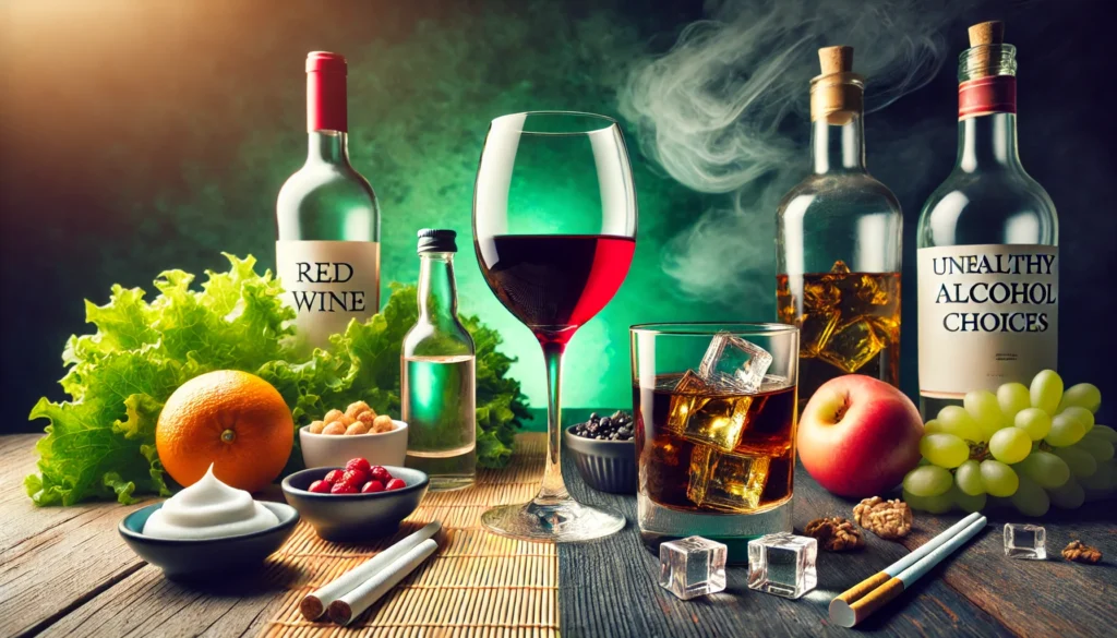 Best Alcohol for Liver Health: What to Choose and What to Avoid 1 A conceptual image showing a contrast between healthy and unhealthy alcohol choices for liver health. On the left, a glass of red wine and a small serving of sake are placed on a wooden table with a fresh green background. On the right, whiskey and vodka in large tumblers with ice are surrounded by cigarettes and junk food, set against a dark and moody background symbolizing risk