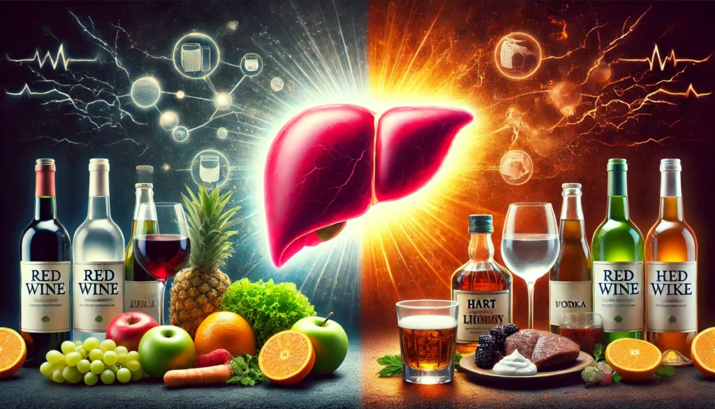 Best Alcohol for Liver Health: What to Choose and What to Avoid 2 A symbolic image illustrating the effects of alcohol on liver health. A glowing, semi-transparent human liver is centered. On the left, red wine and sake are placed with fresh fruits and vegetables, symbolizing moderation. On the right, whiskey and vodka appear with greasy foods, representing liver damage. The background transitions from bright and healthy to dark and deteriorating