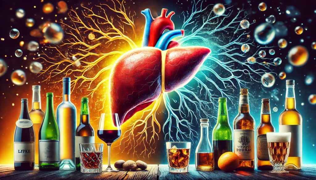 Best Alcohol for Liver Health: What to Choose and What to Avoid 3 An artistic depiction of a liver surrounded by different alcoholic beverages. The left side of the liver is healthy, glowing with a golden hue, accompanied by red wine and sake. The right side is darkened and scarred, surrounded by whiskey, vodka, and beer bottles. The background transitions from vibrant and fresh on the left to shadowy and ominous on the right
