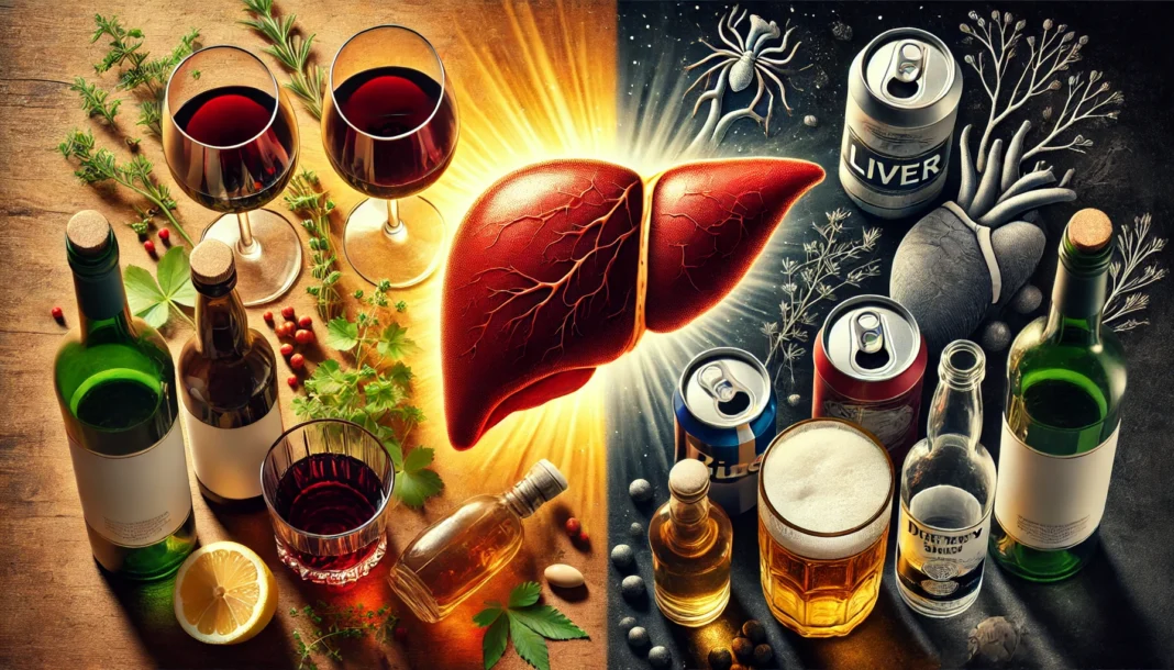 A visually striking split-image representation of alcohol’s impact on liver health. On the left, a glass of red wine and a small sake cup are placed near fresh herbs and a glowing, healthy liver illustration. On the right, whiskey tumblers, beer cans, and dark liquor bottles surround a deteriorating, scarred liver. The contrast between bright and dark elements emphasizes the consequences of alcohol choices