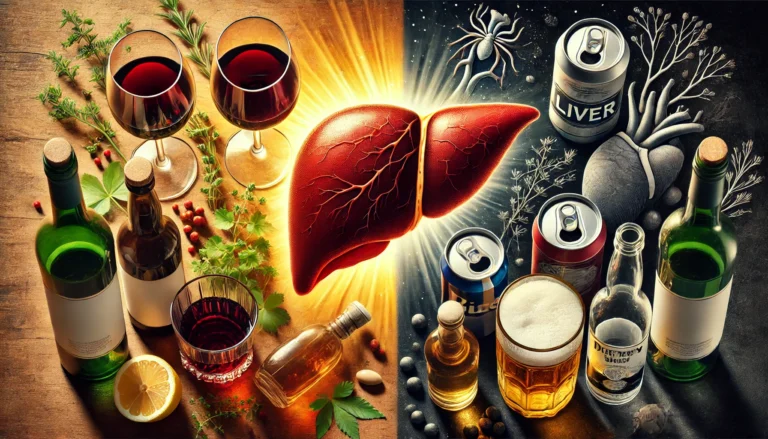 A visually striking split-image representation of alcohol’s impact on liver health. On the left, a glass of red wine and a small sake cup are placed near fresh herbs and a glowing, healthy liver illustration. On the right, whiskey tumblers, beer cans, and dark liquor bottles surround a deteriorating, scarred liver. The contrast between bright and dark elements emphasizes the consequences of alcohol choices