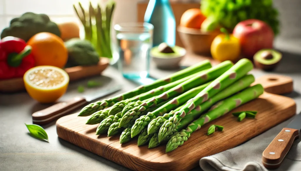 Is Asparagus Good for Your Liver? What Science Says About Its Role in Liver Health 1 Fresh green asparagus spears neatly arranged on a wooden cutting board, with a blurred background featuring a healthy lifestyle setting, including fruits, vegetables, and a glass of water. Soft, natural lighting highlights the freshness of the asparagus