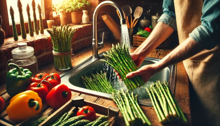 A person washing fresh asparagus under running water in a kitchen sink, with tomatoes and bell peppers in the background. Natural light enhances the warm and inviting ambiance of the kitchen