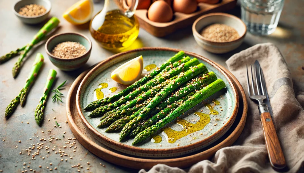 Is Asparagus Good for Your Liver? What Science Says About Its Role in Liver Health 2 A beautifully plated dish of roasted asparagus drizzled with olive oil and sprinkled with sesame seeds, served on a rustic ceramic plate with lemon wedges on the side. A softly blurred background hints at a healthy meal setting