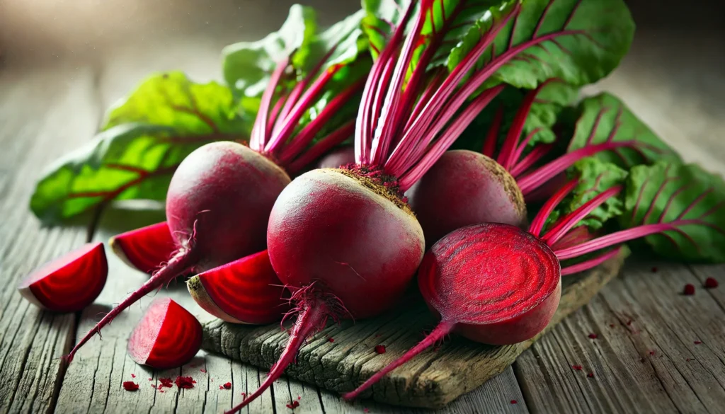 Are Beets Good for Your Liver? The Science Behind Their Detoxifying Benefits 1 Fresh red beets with green leaves on a rustic wooden surface, some sliced open to reveal their deep red interiors, emphasizing their natural detoxifying and health-boosting properties