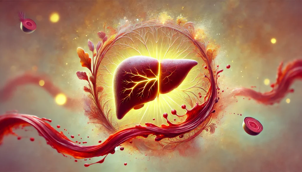 Are Beets Good for Your Liver? The Science Behind Their Detoxifying Benefits 2 Artistic depiction of a glowing, healthy liver surrounded by flowing red beet juice, symbolizing the detoxifying and liver-nourishing benefits of beets