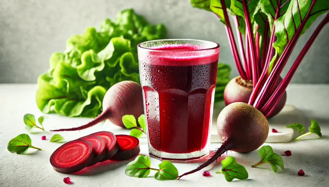 A refreshing glass of deep red beet juice with condensation, surrounded by whole and sliced beets on a clean white surface, highlighting the detoxifying and health benefits of beets