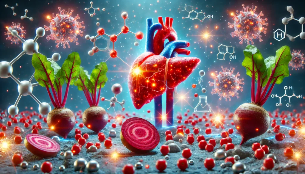 Are Beets Good for Your Liver? The Science Behind Their Detoxifying Benefits 3 Microscopic scientific visualization of beet nutrients interacting with liver cells, featuring glowing molecular structures and red beet elements symbolizing the detoxifying effects of beets on the liver