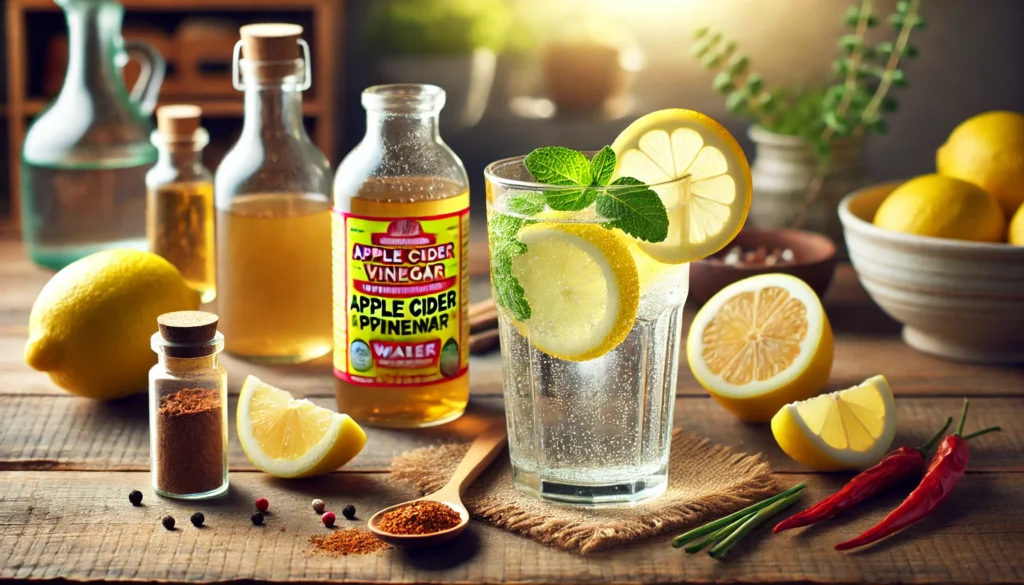 Detox & Wellness: How an Apple Cider Vinegar, Lemon, and Cayenne Drink Supports Your Health 1 A glass of detox drink infused with apple cider vinegar, lemon, and cayenne pepper on a rustic wooden table. Surrounded by fresh lemons, a bottle of apple cider vinegar, a spoonful of cayenne pepper, and a sprig of mint, the scene is set in warm, natural lighting to evoke a sense of wellness and health