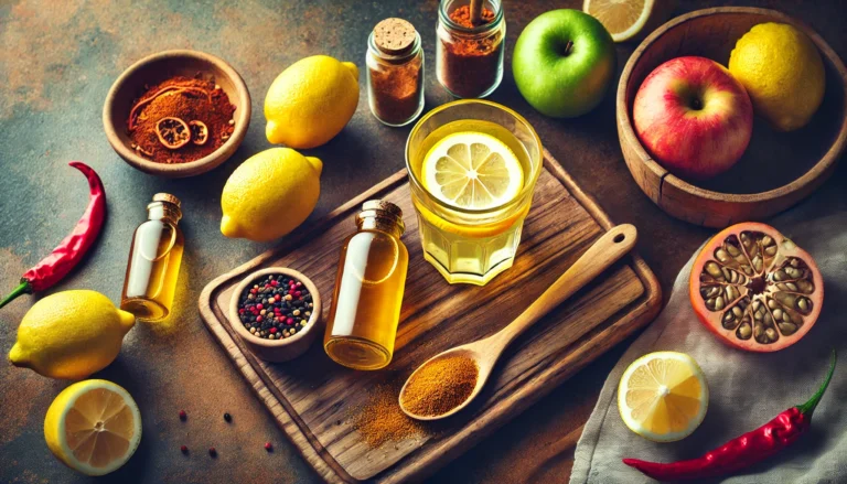 A top-down view of fresh detox ingredients on a wooden kitchen countertop, including whole and sliced lemons, a bottle of apple cider vinegar, a wooden spoon filled with cayenne pepper, and a glass of detox drink. The warm lighting and natural textures emphasize a health-conscious, refreshing atmosphere