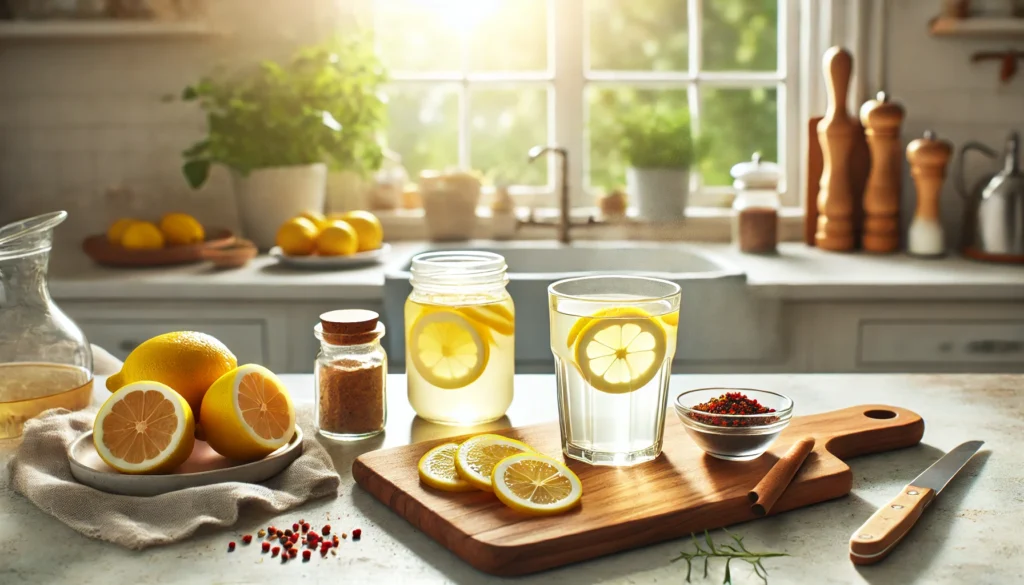 Detox & Wellness: How an Apple Cider Vinegar, Lemon, and Cayenne Drink Supports Your Health 2 A peaceful morning scene with a glass of apple cider vinegar, lemon, and cayenne pepper detox drink placed next to a cutting board with sliced lemons and a small bowl of cayenne pepper. Soft sunlight streams through a kitchen window, creating a fresh, wellness-inspired ambiance