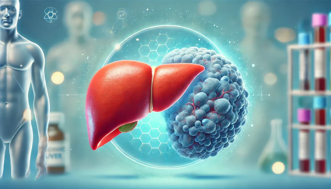A medical-themed image illustrating a comparison between a healthy liver and a damaged liver due to alcoholic liver disease. The healthy liver appears smooth and reddish, while the damaged liver looks scarred and cirrhotic with a rough texture, set against a soft blue medical gradient background