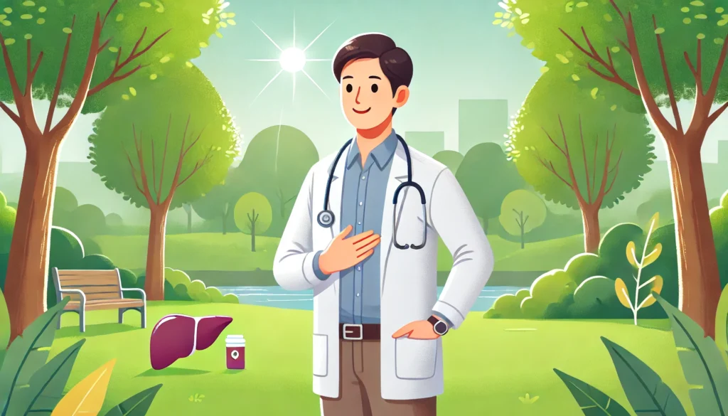 How to Manage Alcoholic Liver Disease: Treatment Options and Long-Term Outlook 1 A hopeful scene featuring a recovered patient in a park, symbolizing a successful treatment for alcoholic liver disease. The person appears healthy and content, enjoying the fresh air, with lush greenery and soft sunlight in the background, representing a positive long-term outlook