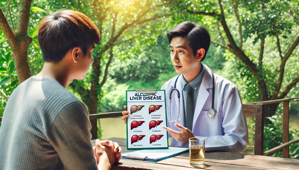 How to Manage Alcoholic Liver Disease: Treatment Options and Long-Term Outlook 2 A doctor-patient consultation scene set outdoors with lush greenery in the background. The doctor is explaining treatment options for alcoholic liver disease to a concerned patient, gesturing toward a medical chart displaying liver health stages. The setting is calm and natural, with soft sunlight filtering through trees