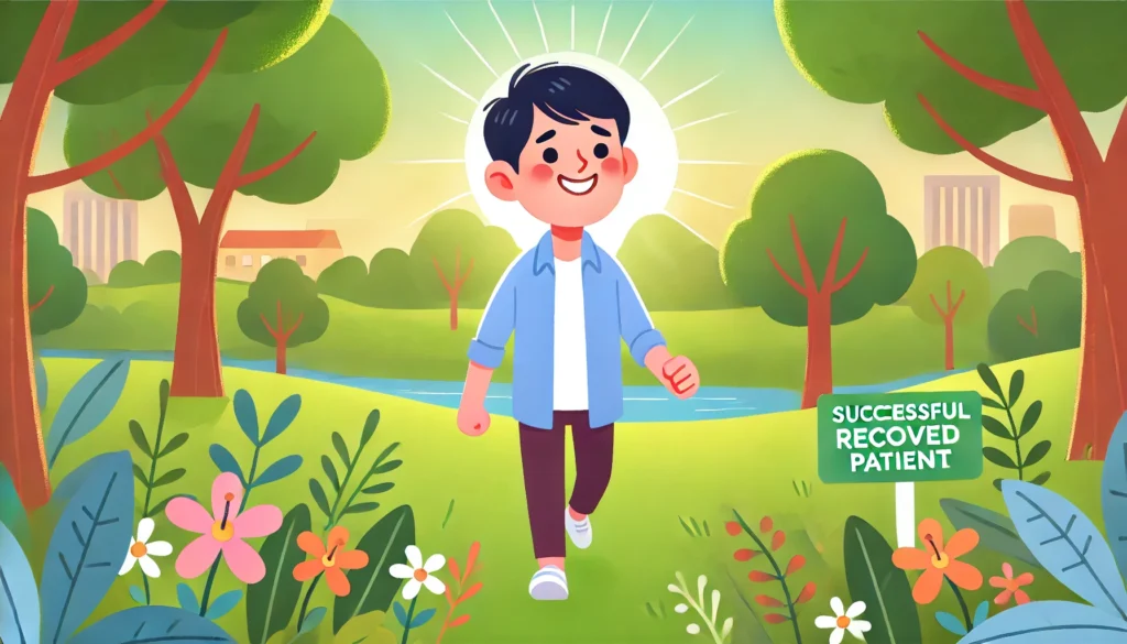 How to Manage Alcoholic Liver Disease: Treatment Options and Long-Term Outlook 3 A joyful and healthy recovered patient walking through a scenic park, symbolizing successful treatment for alcoholic liver disease. The person appears content and full of energy, surrounded by lush greenery and vibrant flowers. Warm sunlight and a peaceful atmosphere highlight a positive long-term outlook