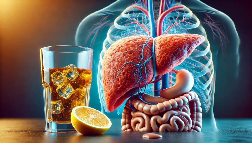 Can You Drink Alcohol with Fatty Liver Disease? Understanding the Risks and Health Impacts 1 A conceptual medical illustration showing a fatty liver with visible fat deposits, contrasted with a healthy liver. A glass of alcohol is positioned nearby, symbolizing the connection between drinking and liver disease. The image visually represents the risks of alcohol consumption for individuals with fatty liver disease