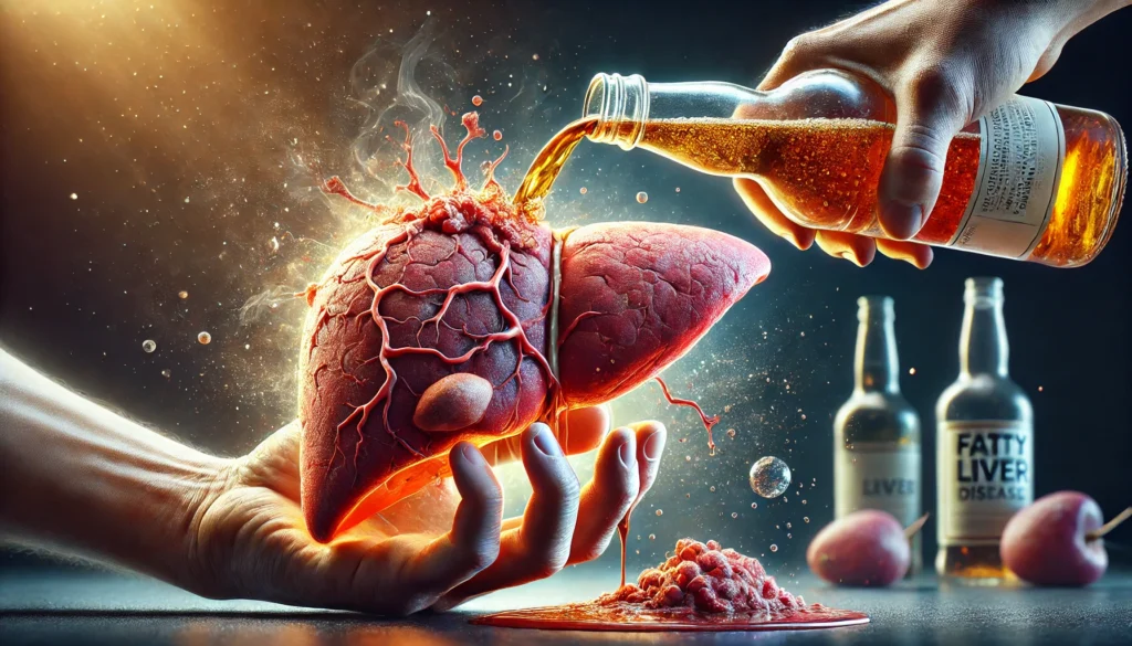 Can You Drink Alcohol with Fatty Liver Disease? Understanding the Risks and Health Impacts 2 A dramatic medical illustration of a liver showing inflammation and fat buildup due to alcohol consumption. In the background, alcohol is being poured from a bottle, visually emphasizing the dangers of drinking for individuals with fatty liver disease