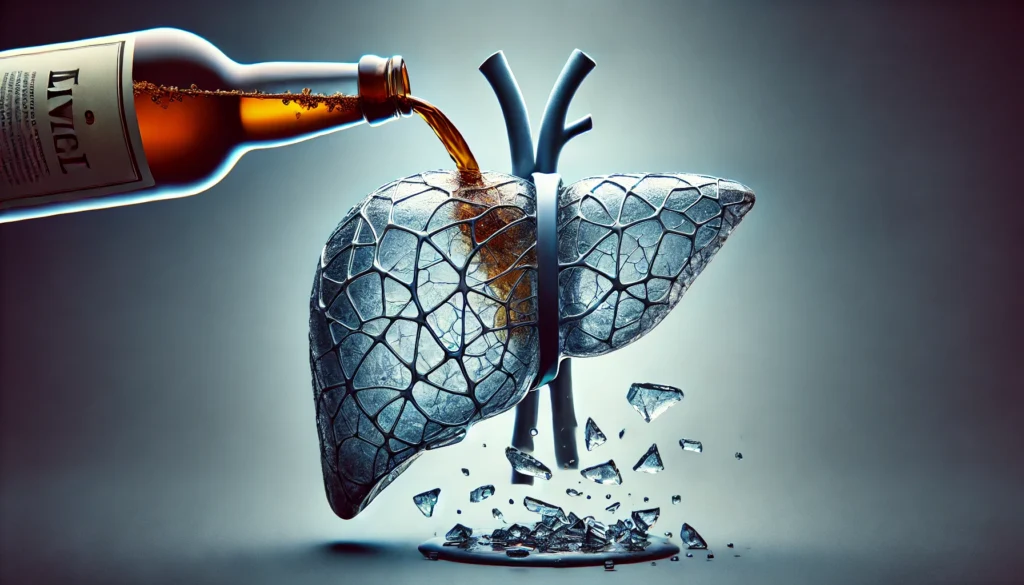 Can You Drink Alcohol with Fatty Liver Disease? Understanding the Risks and Health Impacts 3 A conceptual image showing a fragile, glass-like liver cracking as alcohol is poured onto it. The visual represents the damaging effects of alcohol on a liver affected by fatty liver disease, emphasizing the risks of drinking